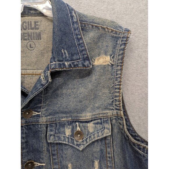 Agile Denim Vest Mens Large Distressed Trucker Button Front Sleeveless Pockets - Picture 3 of 14
